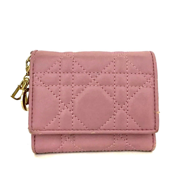 Authentic Christian Dior Cannage Leather Compact Trifold Wallet W/ Charm Pink - Picture 1 of 9